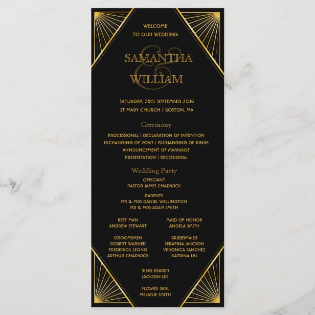 Gatsby Art Deco Bröllop tidslinje Program (Framsida)