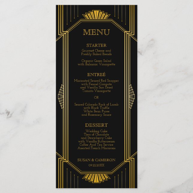 Gatsby Art Deco Dinner Menu | Redigerbart Färg Meny (Framsida)