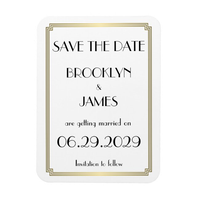 Gatsby Art Deco Guld Bröllop Spara Datum Magnet (Vertikal)