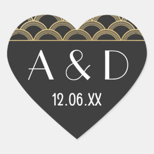 Gatsby Art Deco Heart Stickers Label 1920-talet Gu Hjärtformat Klistermärke