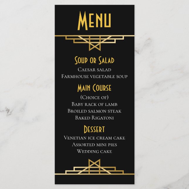 Gatsby Art Deco Menu Black & Guld Bröllopsfest Meny (Framsida)