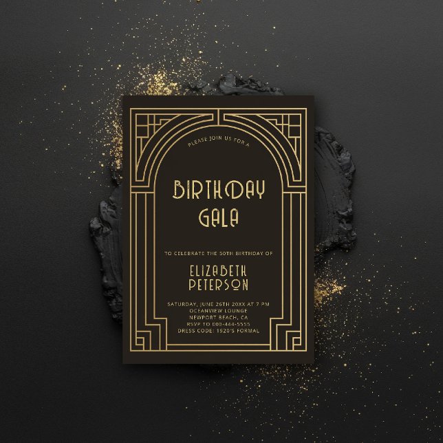 Gatsby Art Deco Nouveau Guld, 20-årsjubileum Inbjudningar (gatsby party invitation roaring 20s twenties art deco nouveau frame black gold formal elegant)