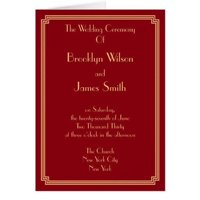 Gatsby Art Deco Red Bröllopsprogram Note Card OBS Kort (Framsidan)