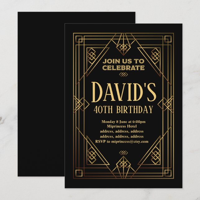 Gatsby, Art Deco, retro, vintage, inbjudan (Fram/baksida)