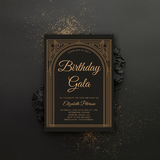 Gatsby Art Deco Roaring 20 Elegant Guld Birthday Inbjudningar (gatsby invitation roaring 20s twenties art deco nouveau black tie gold formal business corporate)