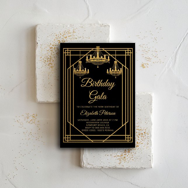 Gatsby Art Deco Roaring 20s Chandeliers Birthday Inbjudningar (gatsby party invitation roaring 1920 twenties prohibition deco nouveau chandeliers business event)