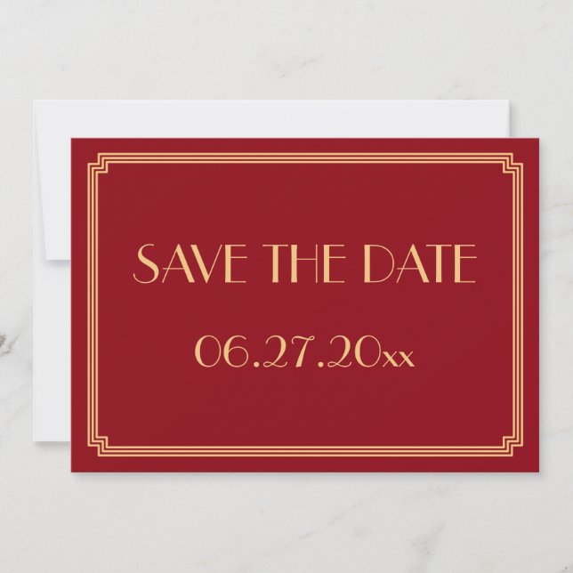 Gatsby Art Deco Röd Bröllop Save The Date-kort Spara Datumet (Framsida)