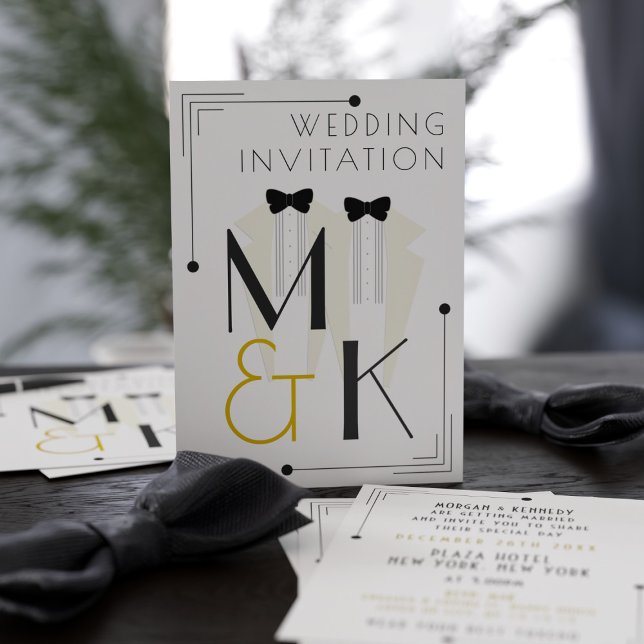 Gatsby Art Deco Stil White Tuxedo Bröllop Inbjudningar (Get your glad rags on and update these 1920's theme tuxedo invitations with your wedding details!)