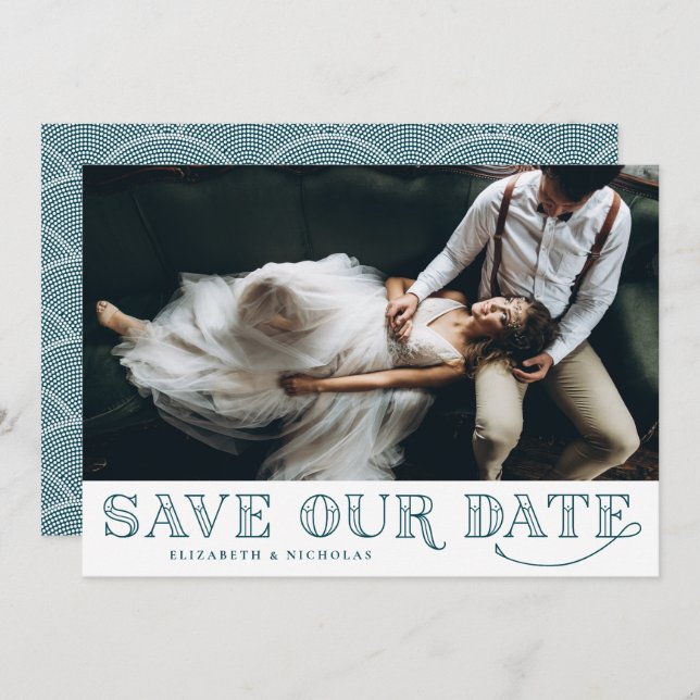 Gatsby Art Deco Typography Teal Save Date (Fram/baksida)