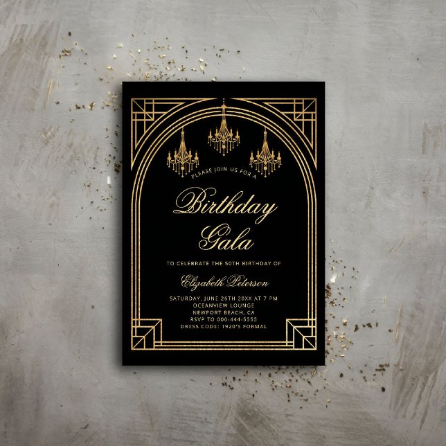 Gatsby Deco Roaring 20s Arch Chandeliers Birthday Inbjudningar (gatsby party invitation roaring 1920 twenties prohibition art deco nouveau frame chandeliers ball)