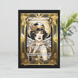 Gatsby flapper girl mörk hair black guld event inbjudningar