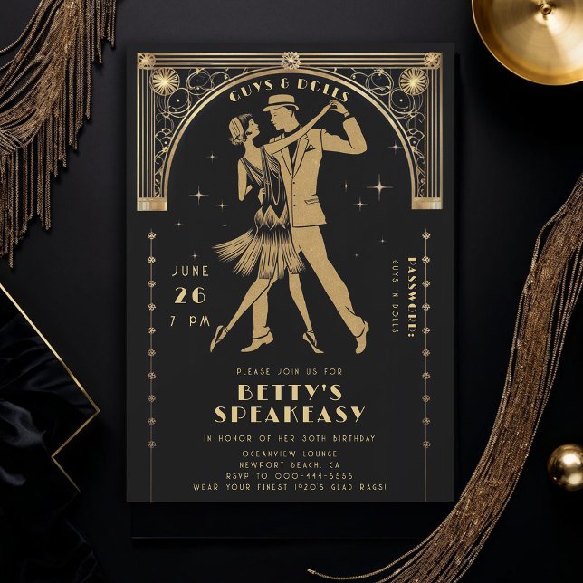 Gatsby Flapper Speakeasy Roaring 20s Deco Birthday Inbjudningar (roaring 20s speakeasy gatsby flapper dance dancing couple gold black deco adult birthday invite)