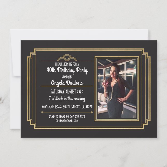 Gatsby Födelsedagsfest 1920's Roaring Guld Inbjuda Inbjudningar (Framsida)