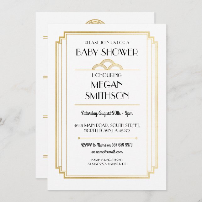 Gatsby för art décobaby shower20-tal guld- inbjudningar (Fram/baksida)