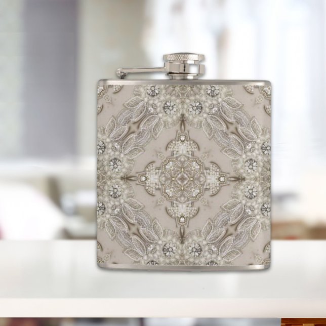gatsby glamor 1920s beige rhinestone blommigt snör fickplunta (Art Deco Glamorous Vintage Fashion Grey Beige Flask)