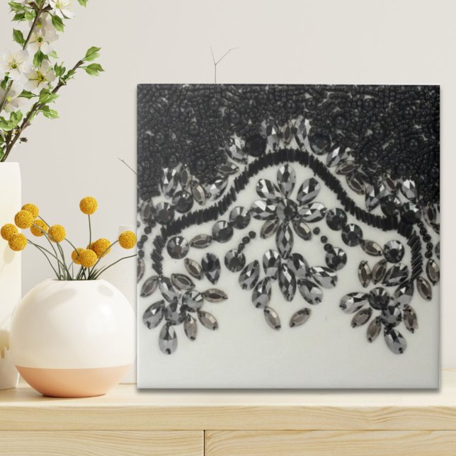 gatsby glamor chic blommigt svart vitt rineston kakelplatta (Art Deco Glamorous Vintage Fashion Black White Fl Ceramic Tile)