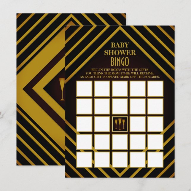 Gatsby Guld 2020's Baby Shower Bingo Card Inbjudningar (Fram/baksida)