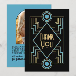 Gatsby-inspirerad Art Deco blå och guld bröllopsfo Tack Kort