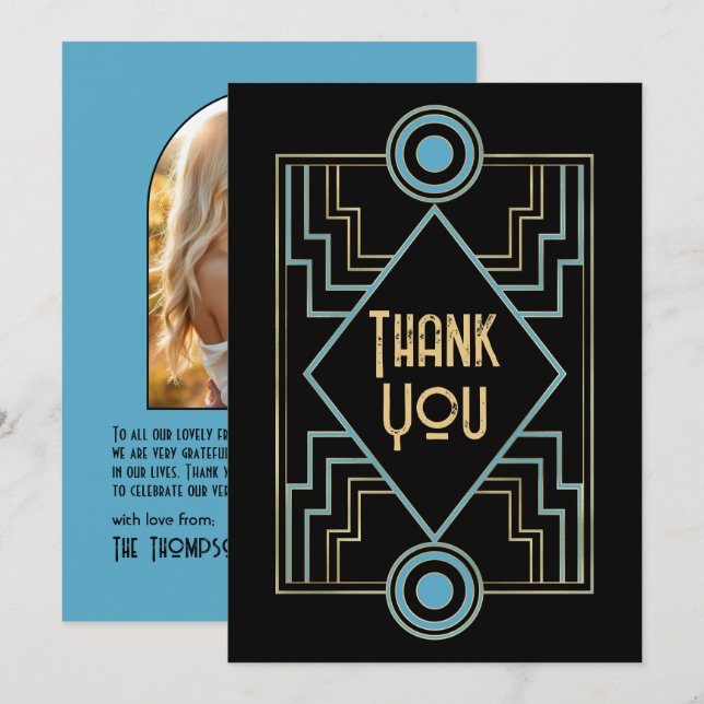 Gatsby-inspirerad Art Deco blå och guld bröllopsfo Tack Kort (Fram/baksida)