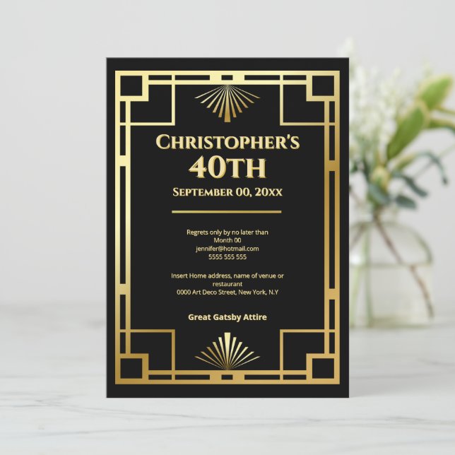 Gatsby Moody Art Deco 40-års födelsedagsfest Inbjudningar (Stående Fram)