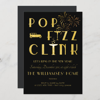 Gatsby Pop Fizz Clink Art Deco New Years Eve Black Inbjudningar