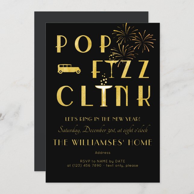 Gatsby Pop Fizz Clink Art Deco New Years Eve Black Inbjudningar (Fram/baksida)