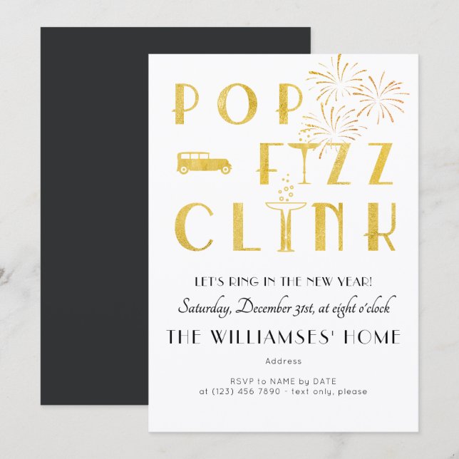 Gatsby Pop Fizz Clink Art Deco Nyårsfest Inbjudningar (Fram/baksida)