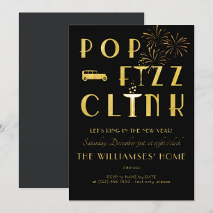 Gatsby Pop Fizz Klirrar Art Deco Nyårsafton Svart Inbjudningar