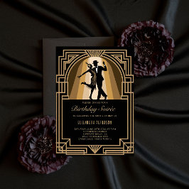 Gatsby Roaring 1920 Art Deco Black Guld Birthday Inbjudningar