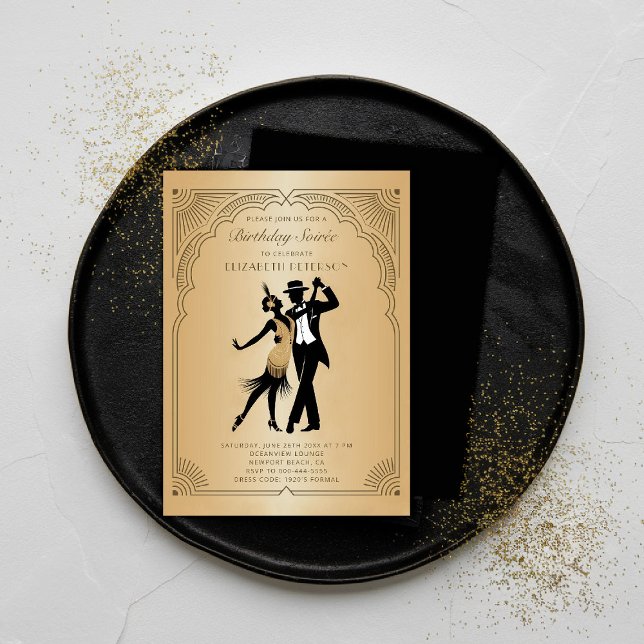 Gatsby Roaring 1920 Deco Guld Flapper Birthday Inbjudningar (gatsby party invitation roaring 1920s art deco gold flapper frame elegant classy business corporate )