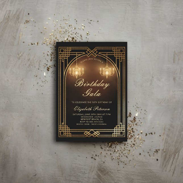 Gatsby Roaring 20s Deco Chandeliers Glow Birthday Inbjudningar (gatsby party invitation roaring 1920 twenties nouveau deco chandeliers elegant ball event business)