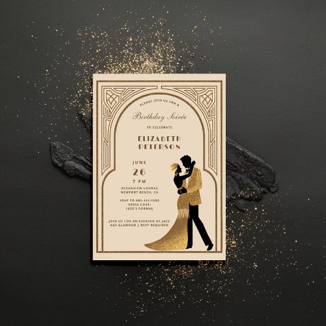 Gatsby Roaring Twenties Deco Arch Beige Birthday Inbjudningar (gatsby party invitation roaring twenties 1920s art deco nouveau arch business corporate event)