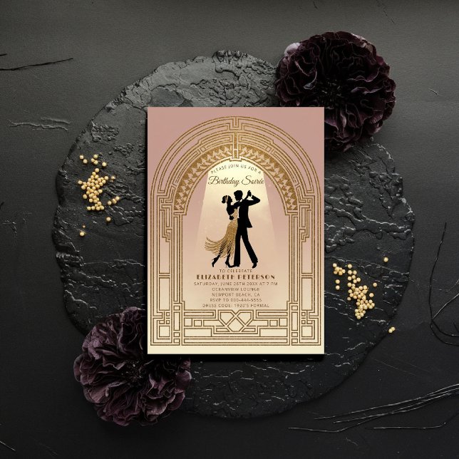 Gatsby Roaring Twenties Deco Arch Rosa Birthday Inbjudningar (gatsby party invitation roaring twenties 1920s art deco nouveau arch frame business corporate event)