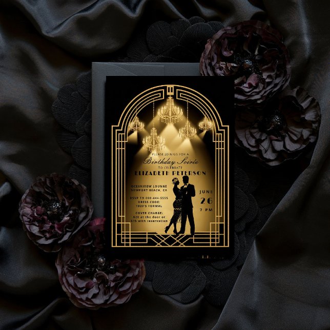 Gatsby Roaring Twenties Deco Chandeliers Birthday Inbjudningar (gatsby party invitation roaring twenties 1920s art deco nouveau arch gold business corporate event)