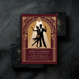 Gatsby Speakeasy 1920-talet Deco Guld Burgundy Bir Inbjudningar