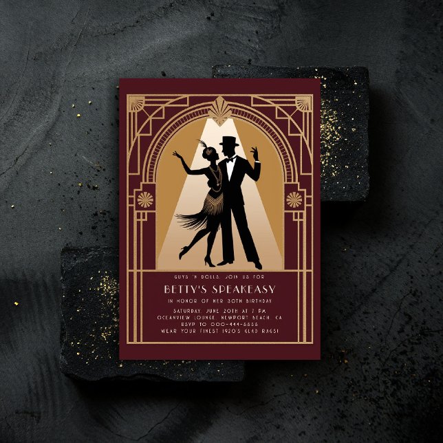 Gatsby Speakeasy 1920-talet Deco Guld Burgundy Bir Inbjudningar (gatsby party invitation speakeasy roaring 1920s twenties nouveau deco flapper dance burgundy)