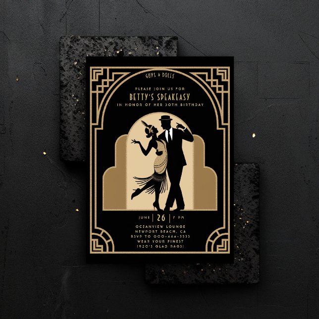 Gatsby Speakeasy Flapper Roaring 20s Deco Birthday Inbjudningar (gatsby party invitation speakeasy roaring 1920s twenties nouveau deco flapper dance gold elegant)