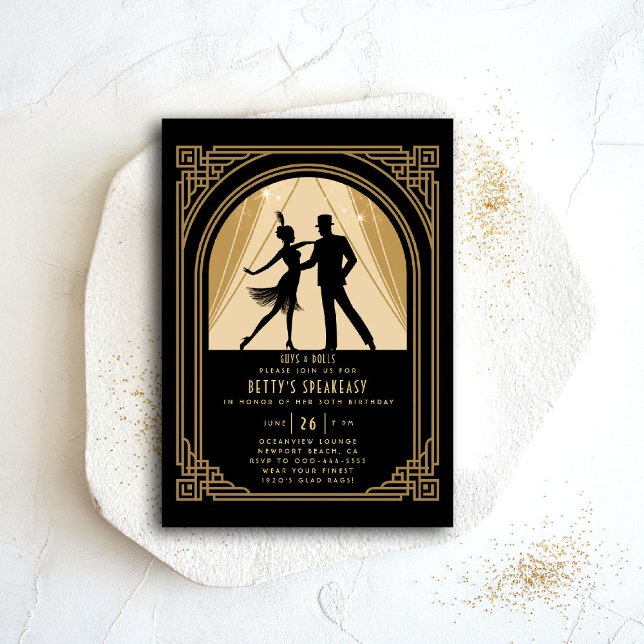 Gatsby Speakeasy Nouveau Flapper Deco Birthday Inbjudningar (gatsby party invitation speakeasy roaring 1920 twenties nouveau deco flapper dance gold)