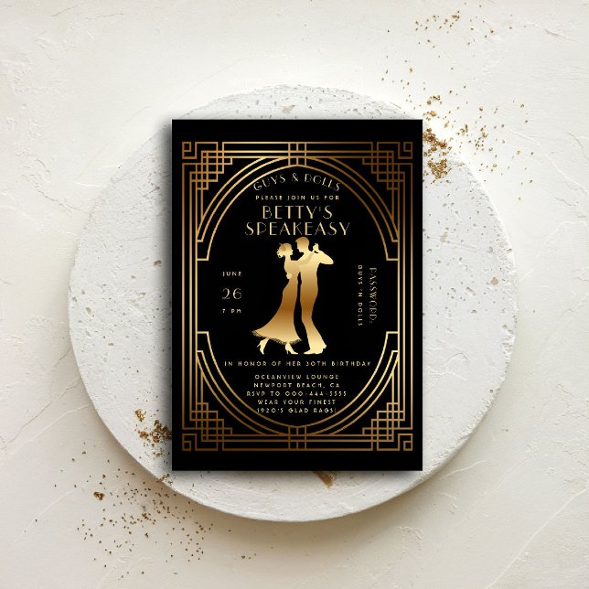 Gatsby Speakeasy Roaring 20s Guld Flapper Birthday Inbjudningar (gatsby party invitation speakeasy roaring 1920 twenties nouveau deco flapper prohibition dance)
