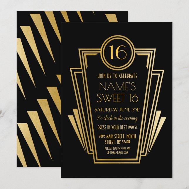 Gatsby Sweet 16 Födelsedagsfest Art Deco 1920 s Gu Inbjudningar (Fram/baksida)