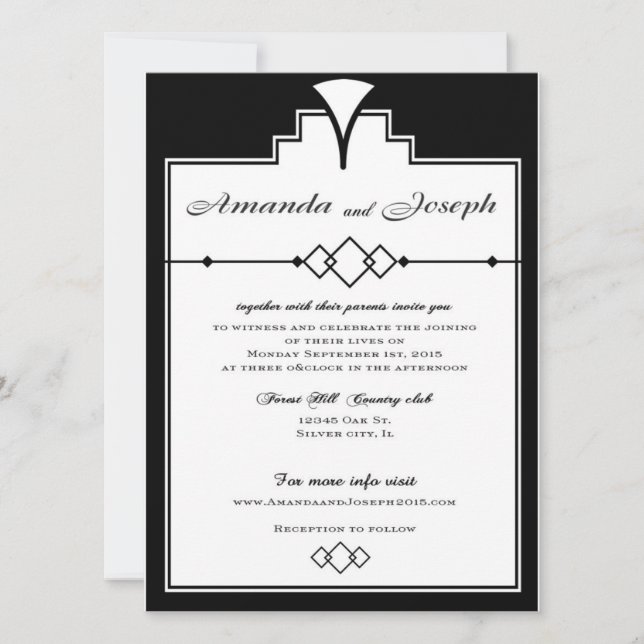Gatsby Wedding bjudande Svarta och vita Inbjudningar (Framsida)