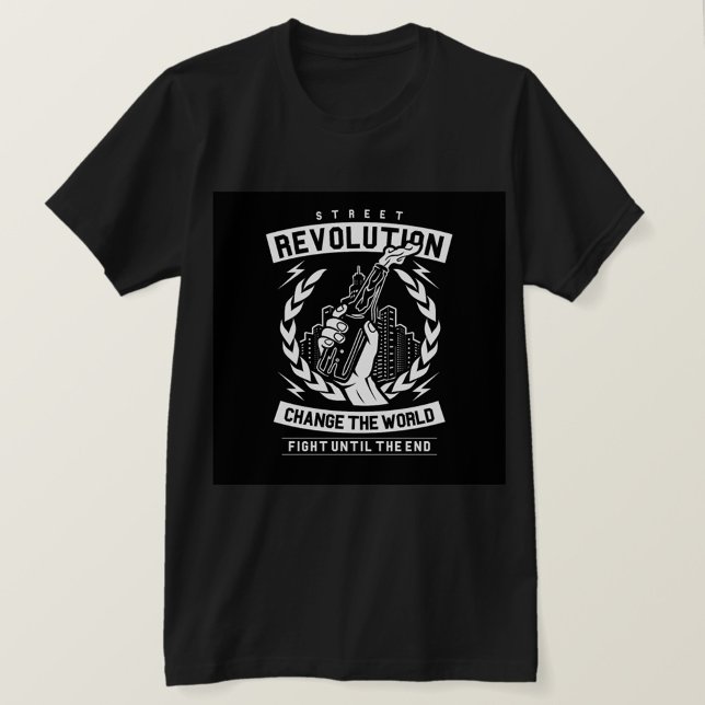 Gatuadress, Revolution T Shirt (A black t-shirt with a white graphic design on the front. )