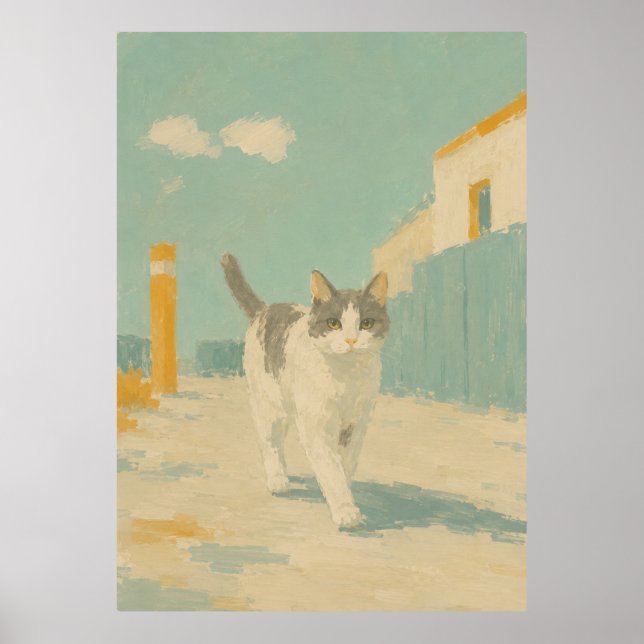 Gatukatt Impressionistisk Oljemålning Solbelyst Af Poster (Framsidan)