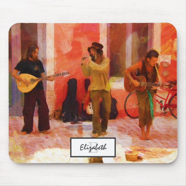 Gatumusiker som spelar Guitar Mandolin och Flute Musmatta (Framsidan)