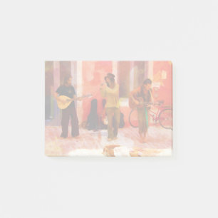 Gatumusiker som spelar Guitar Mandolin och Flute Post-it Block