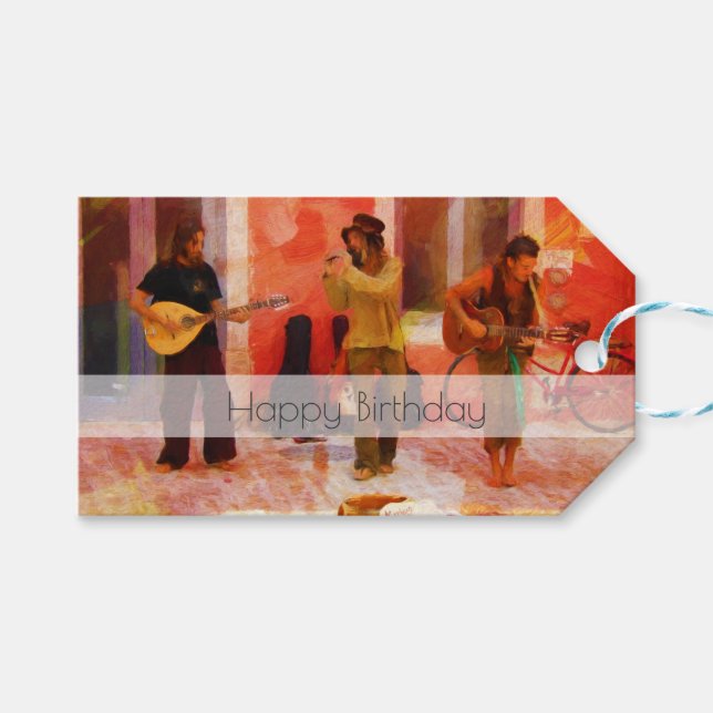Gatumusiker spelar tillsammans Grattis på födelsed Presentetikett (Framsidan (Horisontell))