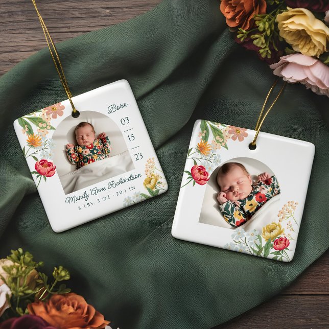 Gauche Floral Wildflower Baby Birth Stat Photo Julgransprydnad Keramik (Gauche Floral Wildflower Baby Birth Stat Photo Ceramic Ornament)