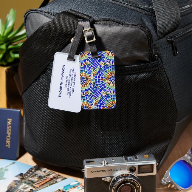 Gaudi Inspired Blue Round Shapes Mosaic Mönster Bagagebricka (Fram & Baksida)