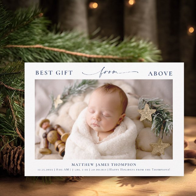 Gåva från ovan Elegant blå jul baby foto Julkort (best gift from above baby christmas card minimalist simple photo calligraphy blue christian religion)