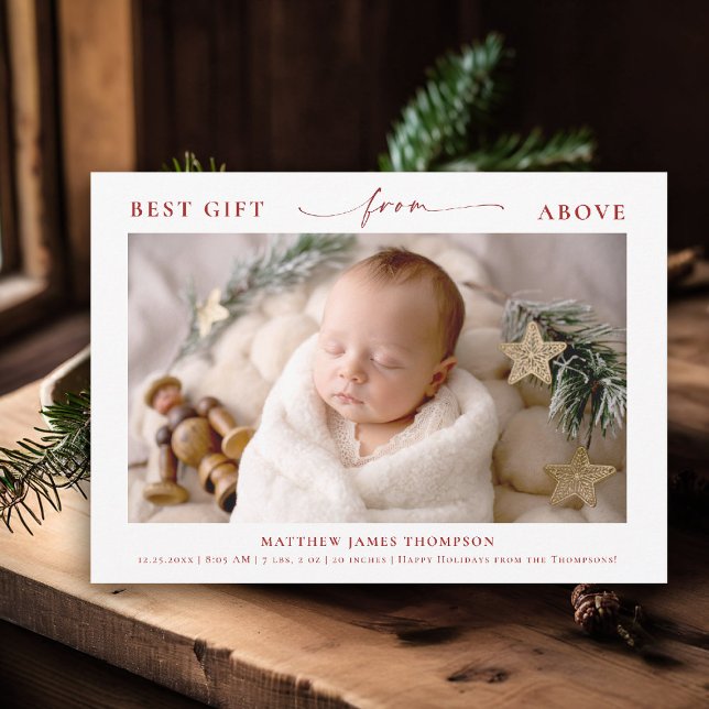 Gåva från Ovan Elegant Röd Jul Bebis Foto Julkort (best gift from above baby christmas card minimalist simple photo calligraphy elegant christian )